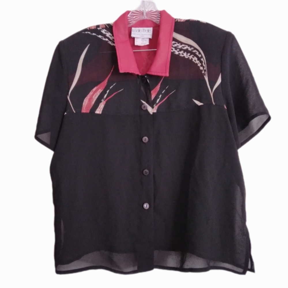 VTG Leslie Belle Size 18 Sheer Black Floral Button Down Blouse Top